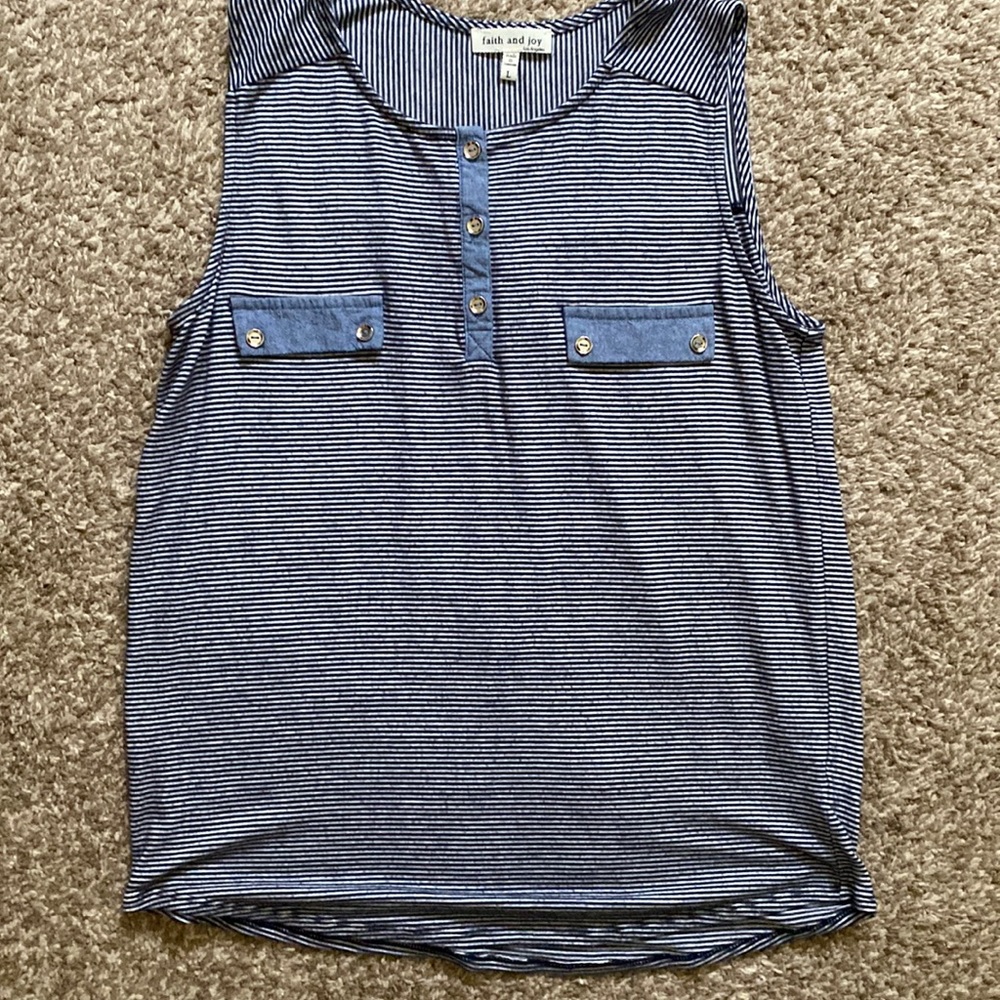 Blue and White Stripped Sleeveless Blouse